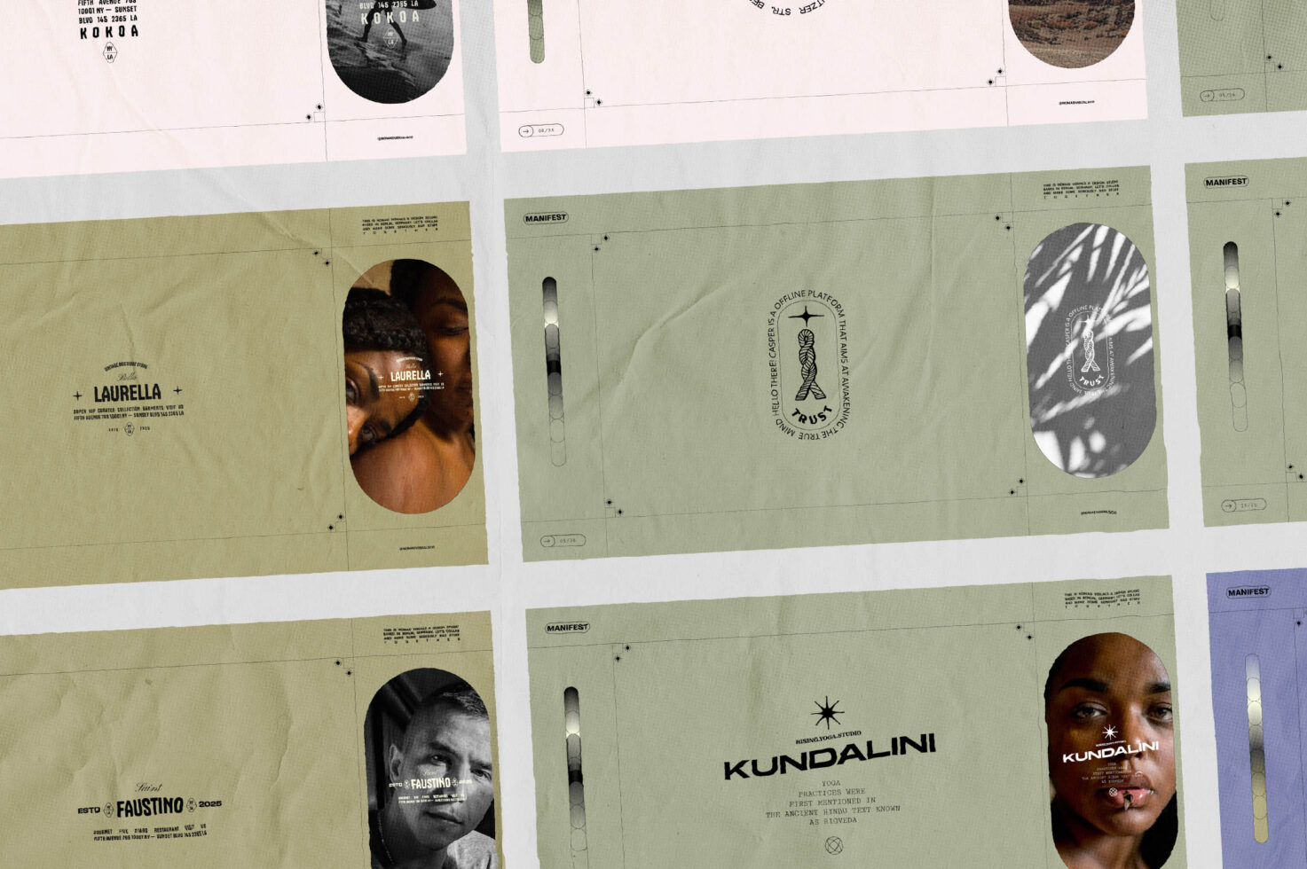 Angled grid of manifest posters showing laurella, kundalini, faustino branding layouts