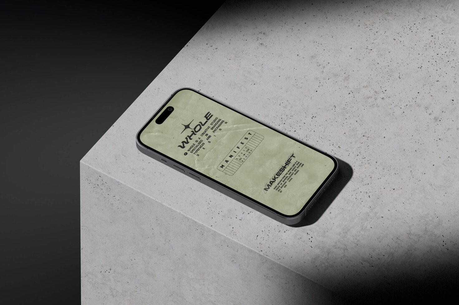 Black iPhone mockup on concrete surface with cream screen displaying brand logos