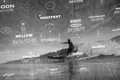 Surfer riding wave overlaid with brand logos, text in black white newspaper aesthetic