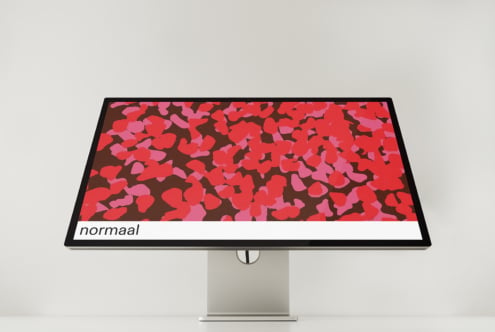 Landscape monitor showing red pink abstract floral design with normaal text