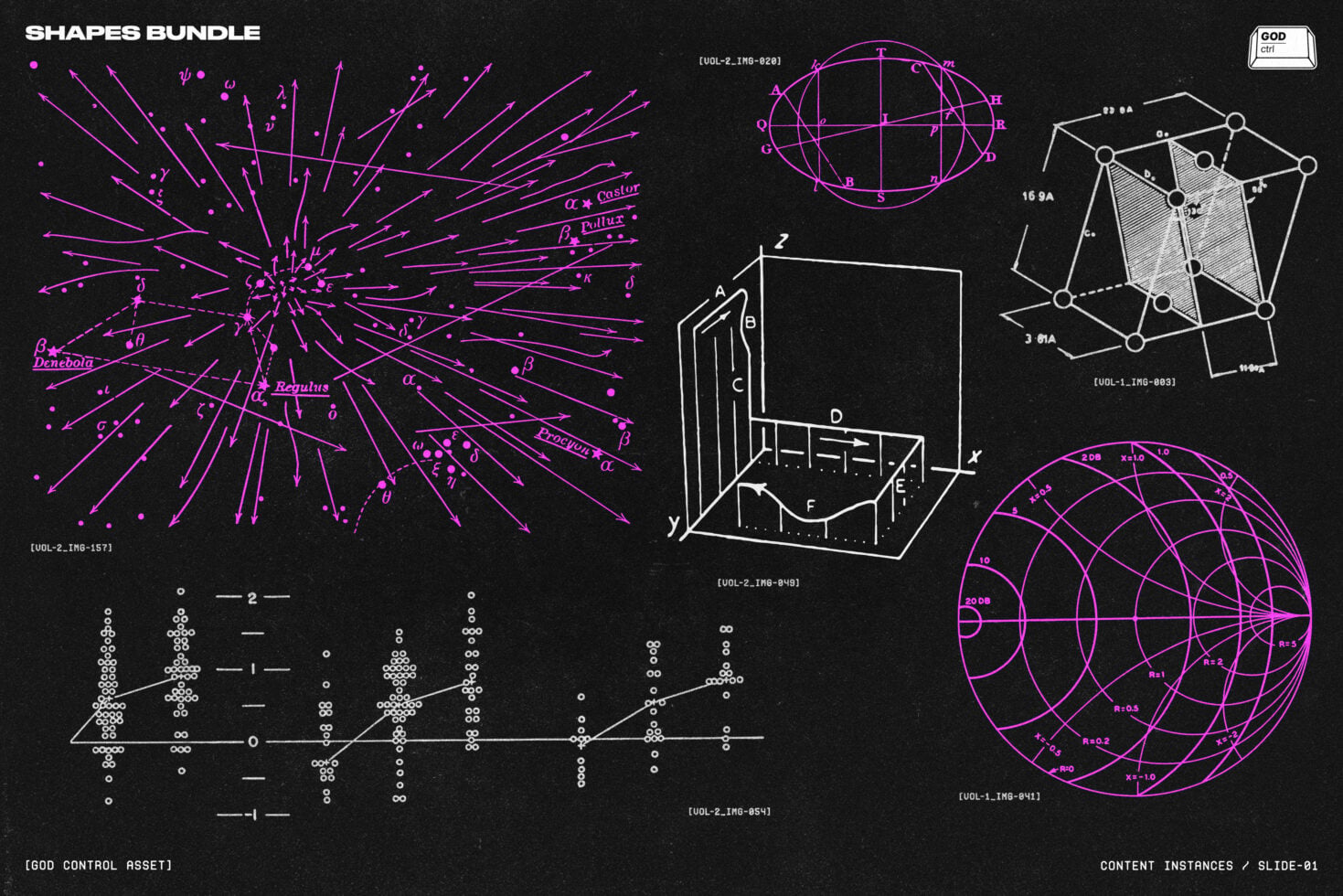 Magenta vector diagrams with radiating arrows, ellipses, 3D polyhedrons, spherical grids