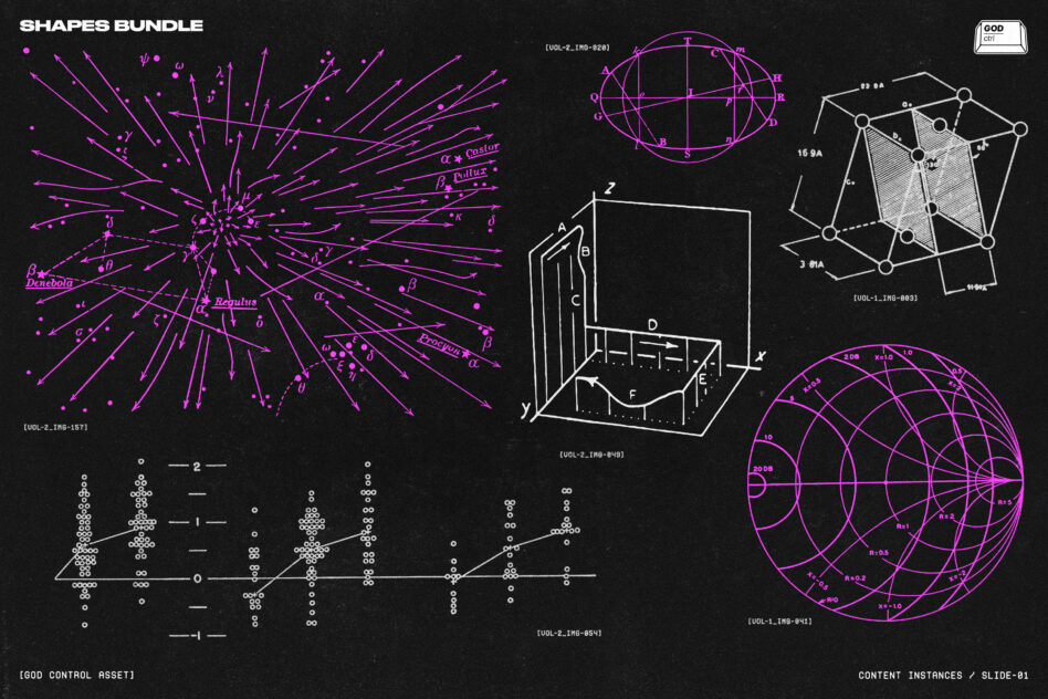 Magenta vector diagrams with radiating arrows, ellipses, 3D polyhedrons, spherical grids