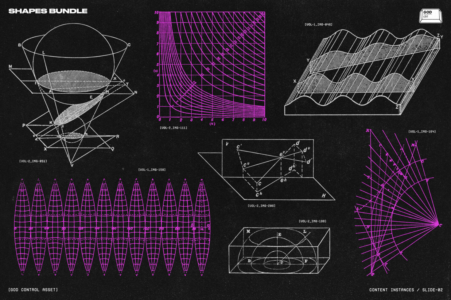 Neon pink geometric shapes, grids, wireframe spheres, wave surfaces on black background
