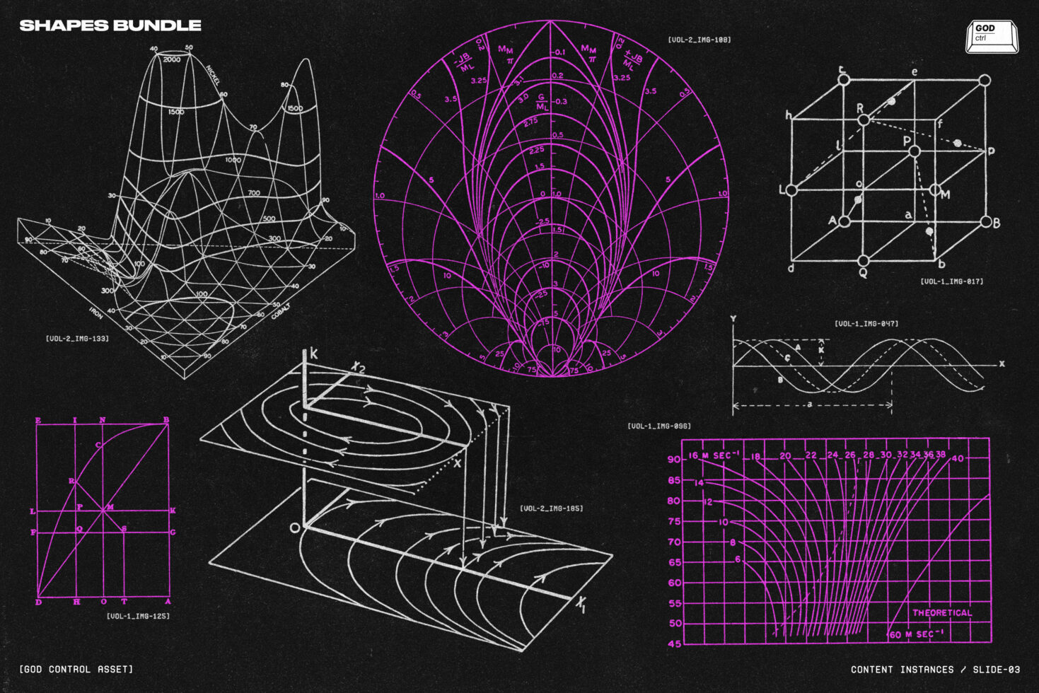 Technical shapes bundle featuring 3D wireframes, polar grids, surface plots, theoretical charts