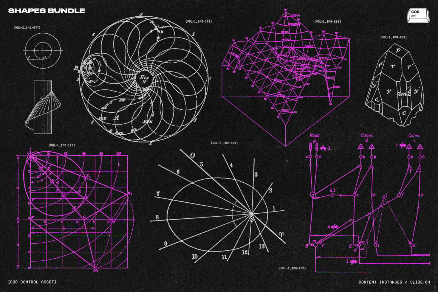 Shapes bundle with geometric diagrams, 3D grids, mathematical curves, pink neon accents