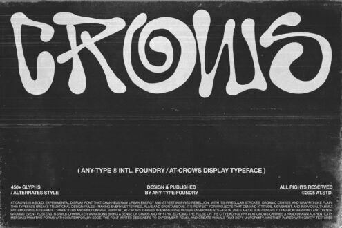 AT-Crows display typeface specimen showing organic glyphs with experimental street style lettering