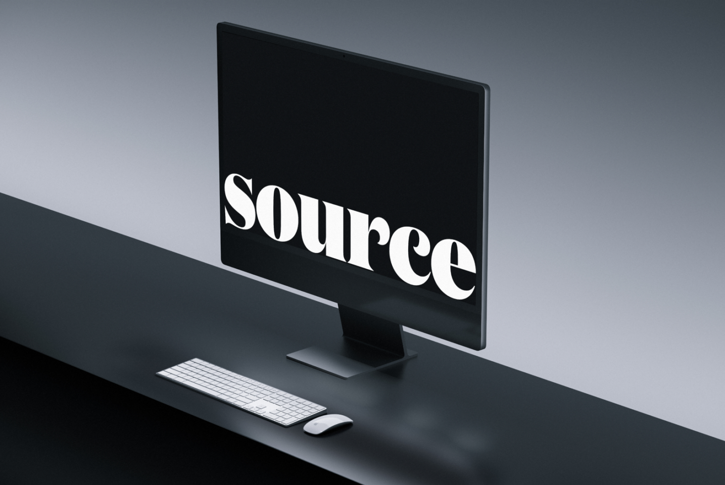 Desktop monitor mockup with keyboard, mouse showing white text on black screen