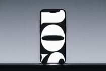iPhone mockup with abstract black white shapes on display