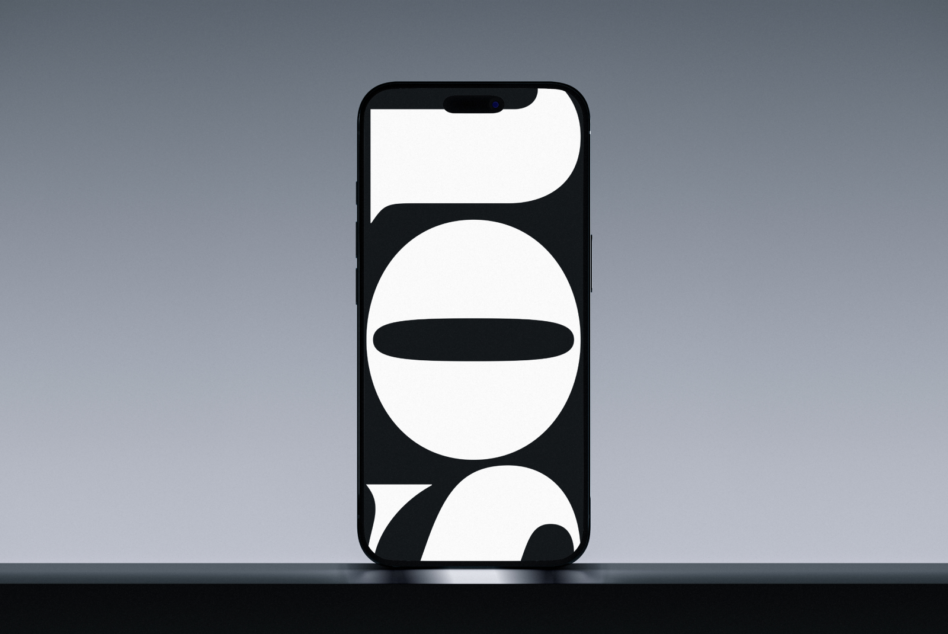 iPhone mockup with abstract black white shapes on display