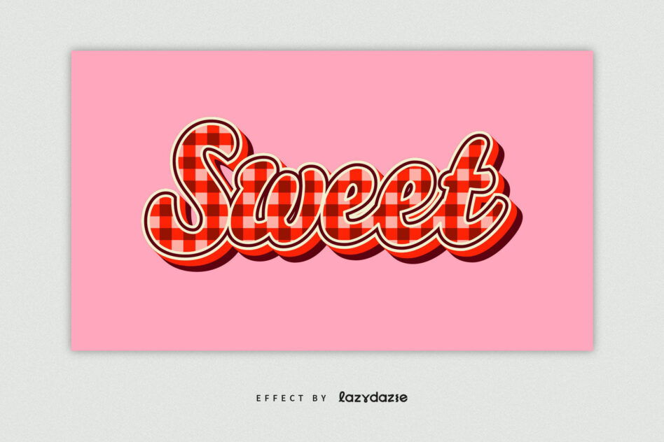 Rounded red gingham text reading SWEET with 3D shadow effect on pink