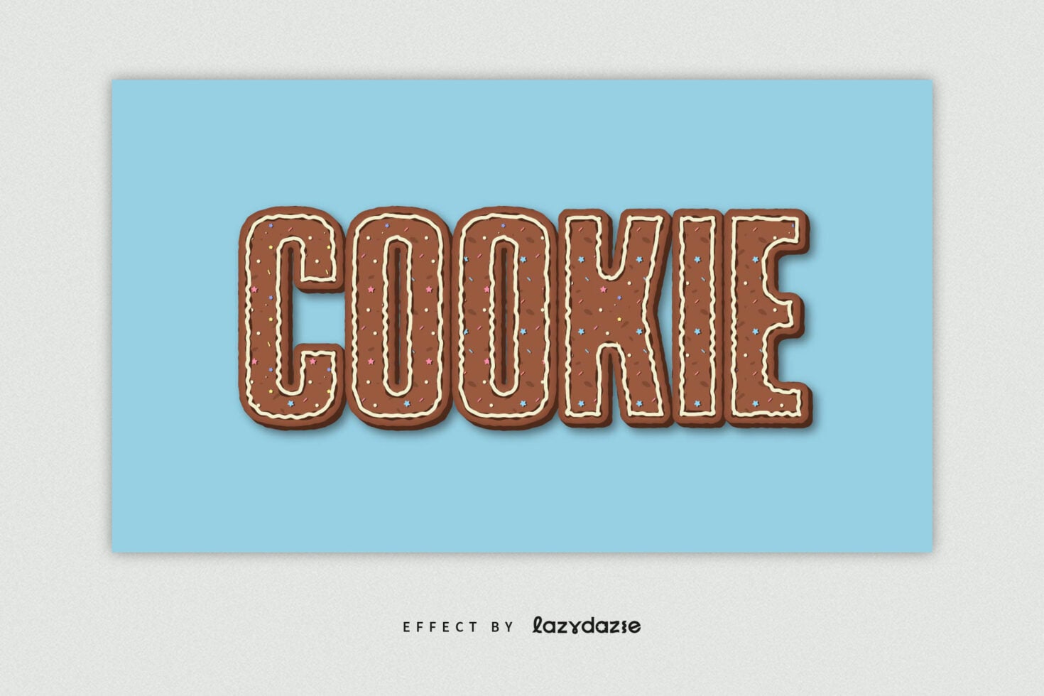 Gingerbread cookie text effect spelling COOKIE on sky blue