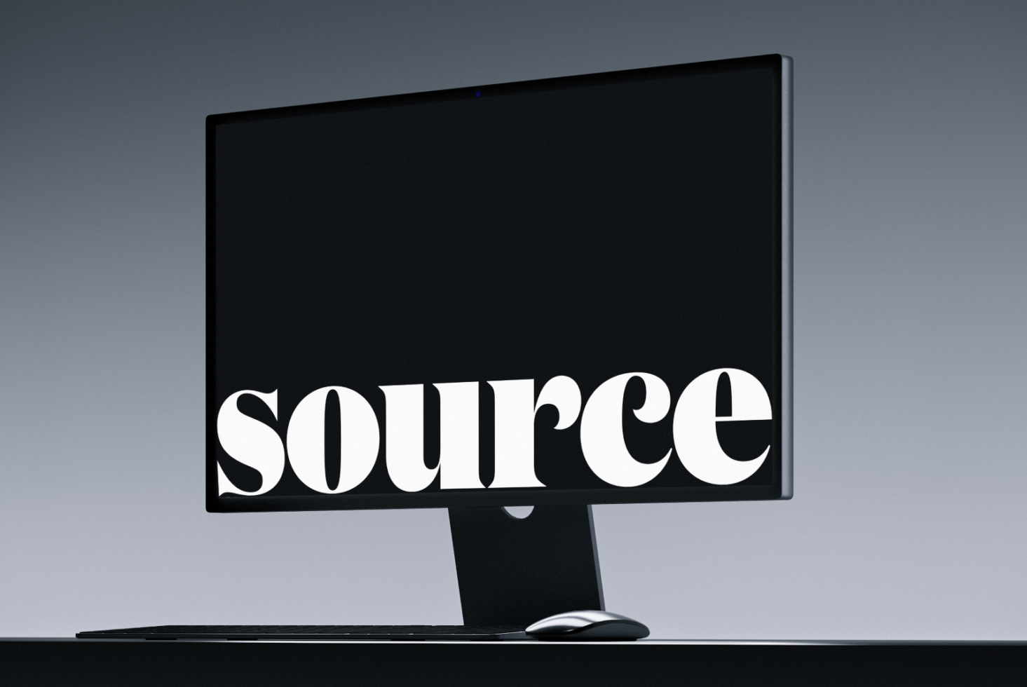 Desktop monitor mockup with serif text on dark background
