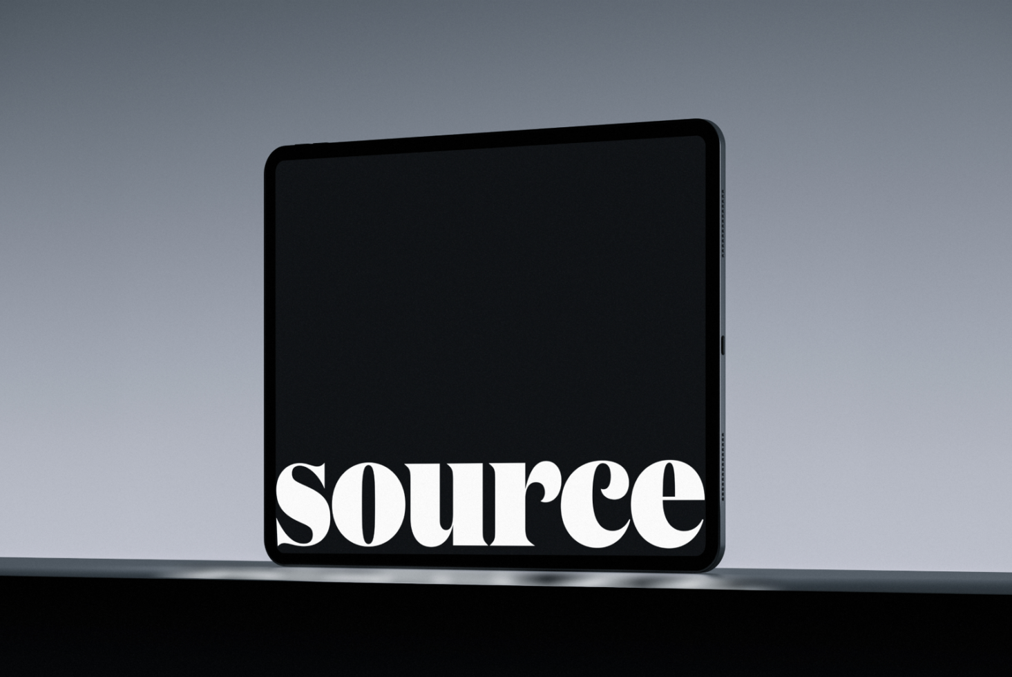 Rounded tablet mockup displaying serif typography on dark screen