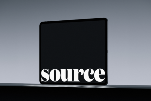 Rounded tablet mockup displaying serif typography on dark screen