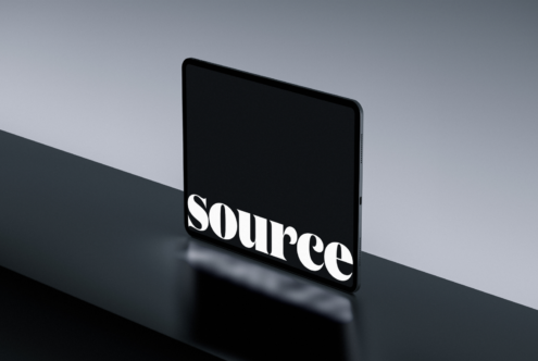 Tablet mockup showing Source text with clean minimal rendering
