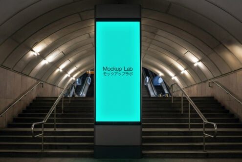 Underground transit hub featuring bright cyan glowing screen in center tunnel