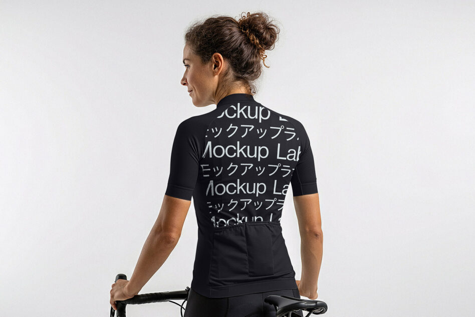 Woman on bike wearing black cycling jersey mockup rear view