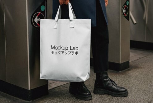 White tote bag with Mockup Lab text held by person in subway station
