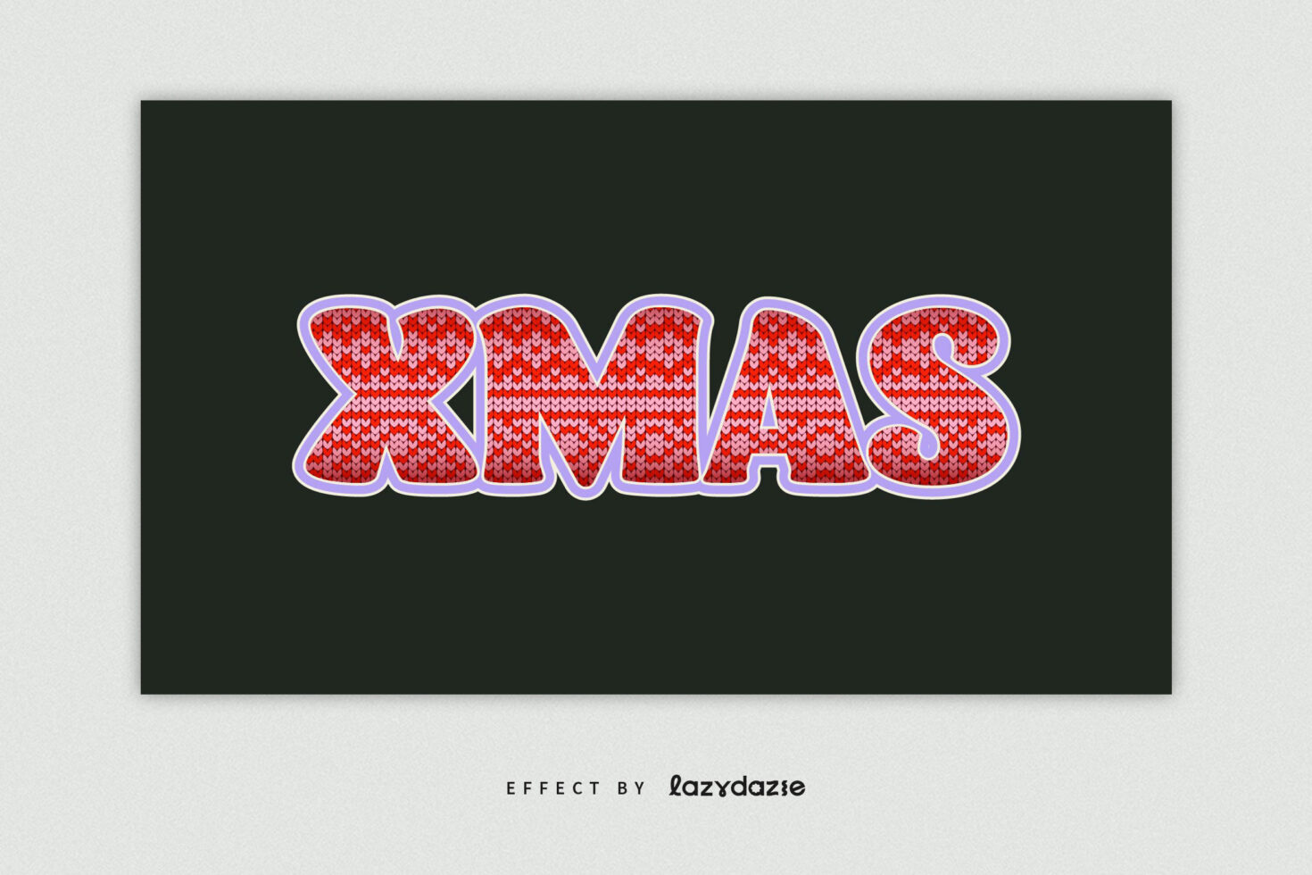 Xmas text styled with red knit pattern fill, purple outline on dark