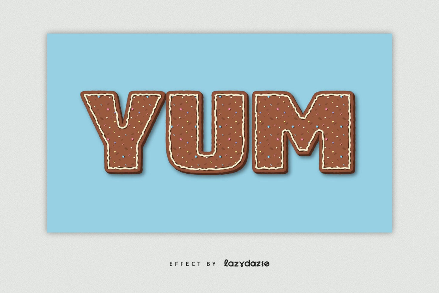 Gingerbread cookie text effect spelling YUM on sky blue