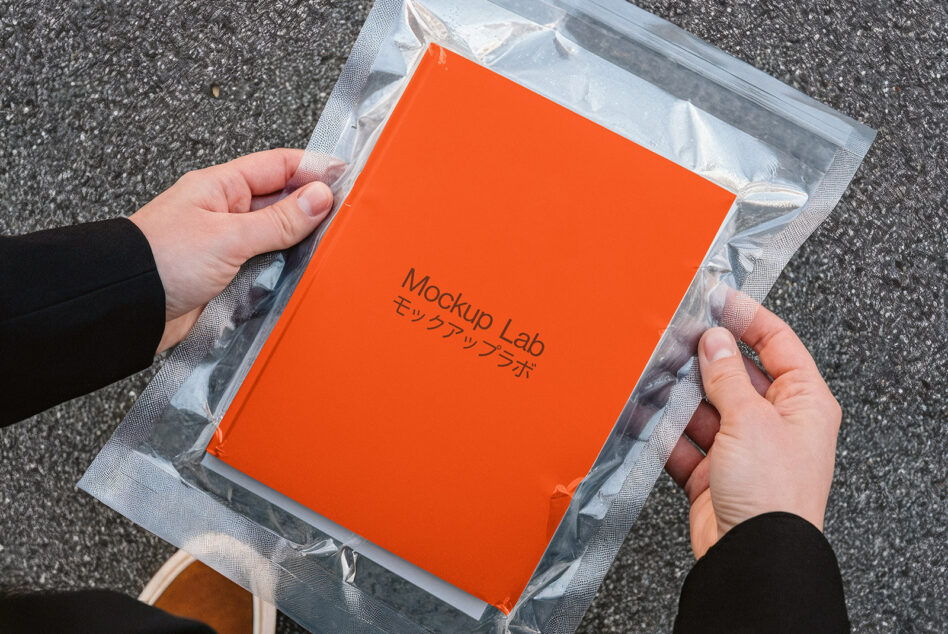 Bright orange book in plastic packaging held in hands against concrete