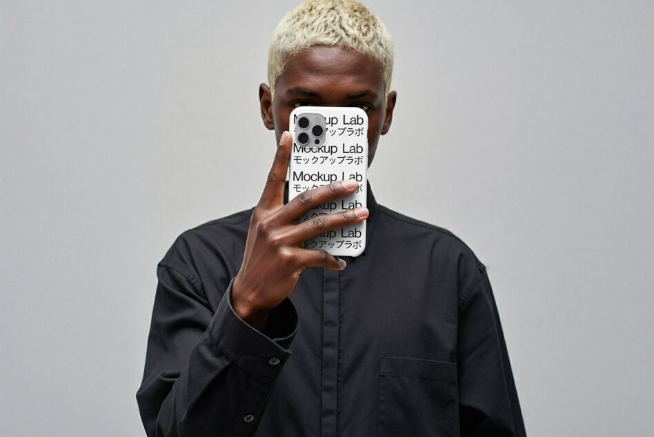 iPhone 12 Pro case mockup in white held by person with blonde hair in black shirt
