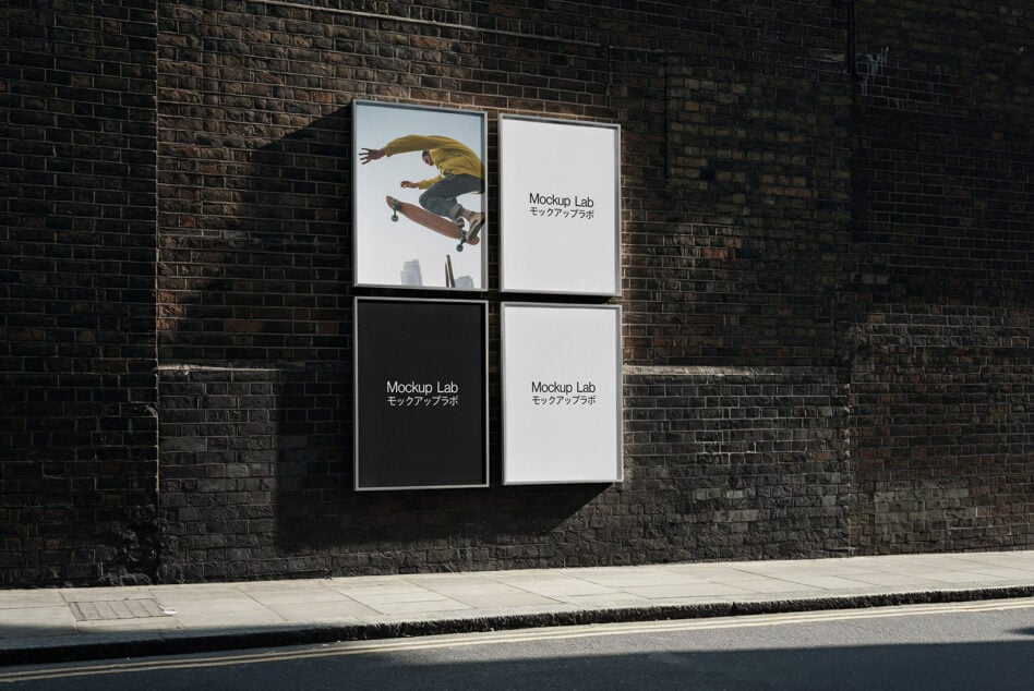 Four poster frames on industrial brick wall with skateboarder image visible
