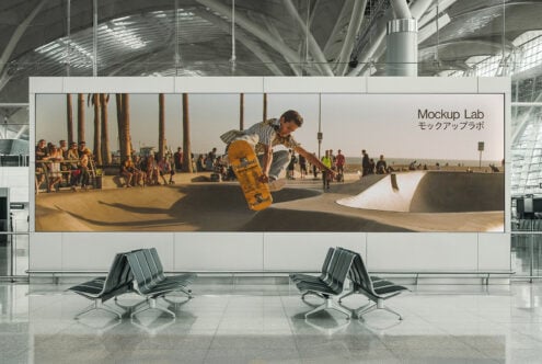 Wide screen displaying skateboarder at beach skate park with Mockup Lab text