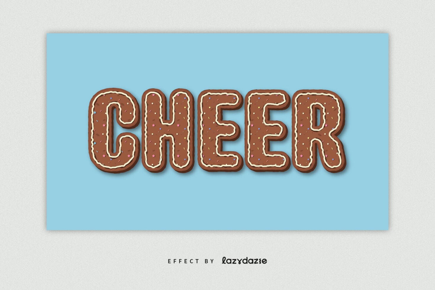 Gingerbread cookie text effect spelling CHEER on sky blue