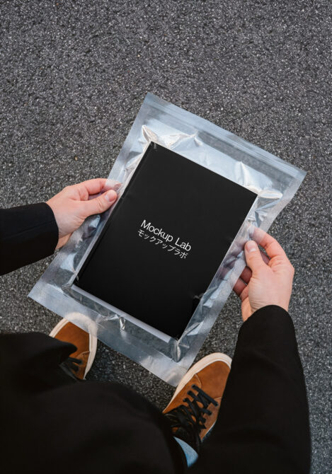 Tablet mockup in bubble wrap packaging overhead shot hands holding from both sides