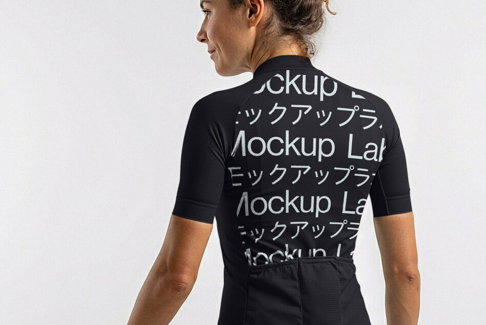 Woman wearing black cycling jersey mockup viewed from behind