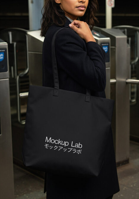 Woman in black outfit carrying black tote in subway with gates background