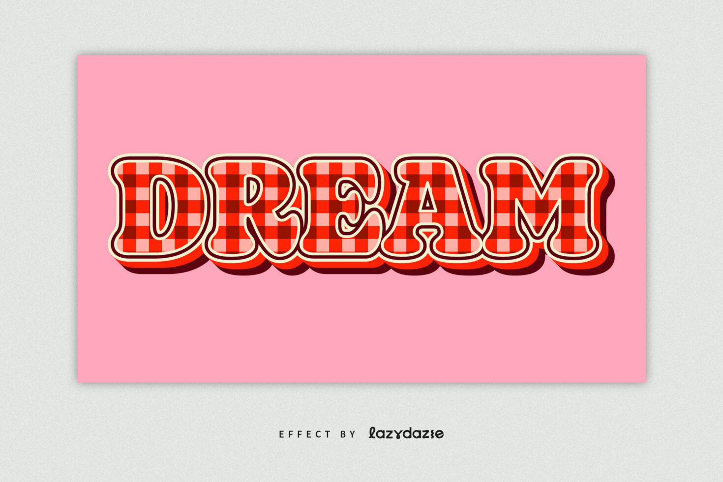 Red checkered bubble text spelling DREAM with 3D shadow effect