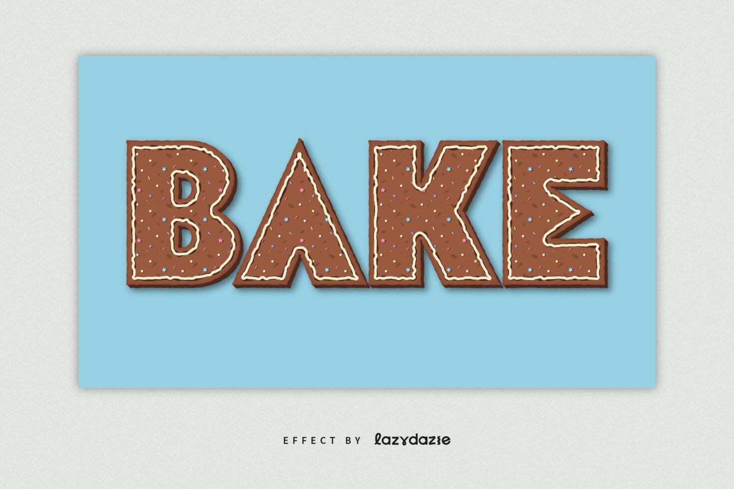 Oversized gingerbread BAKE letters with white icing on light blue surface