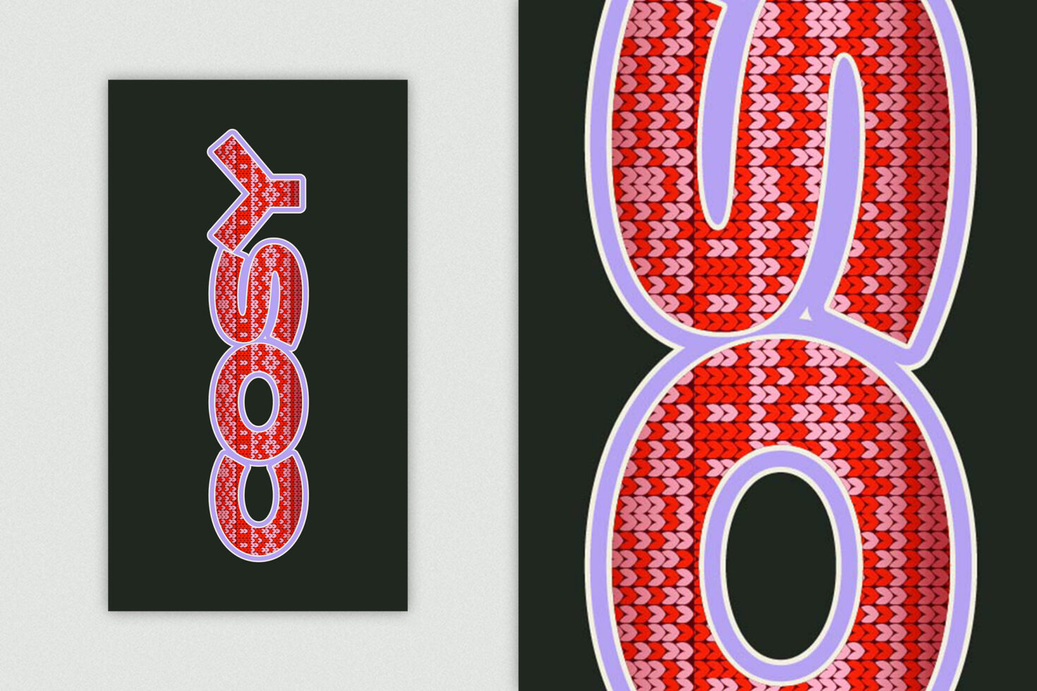 Red knit pattern numbers with purple outline on dark green