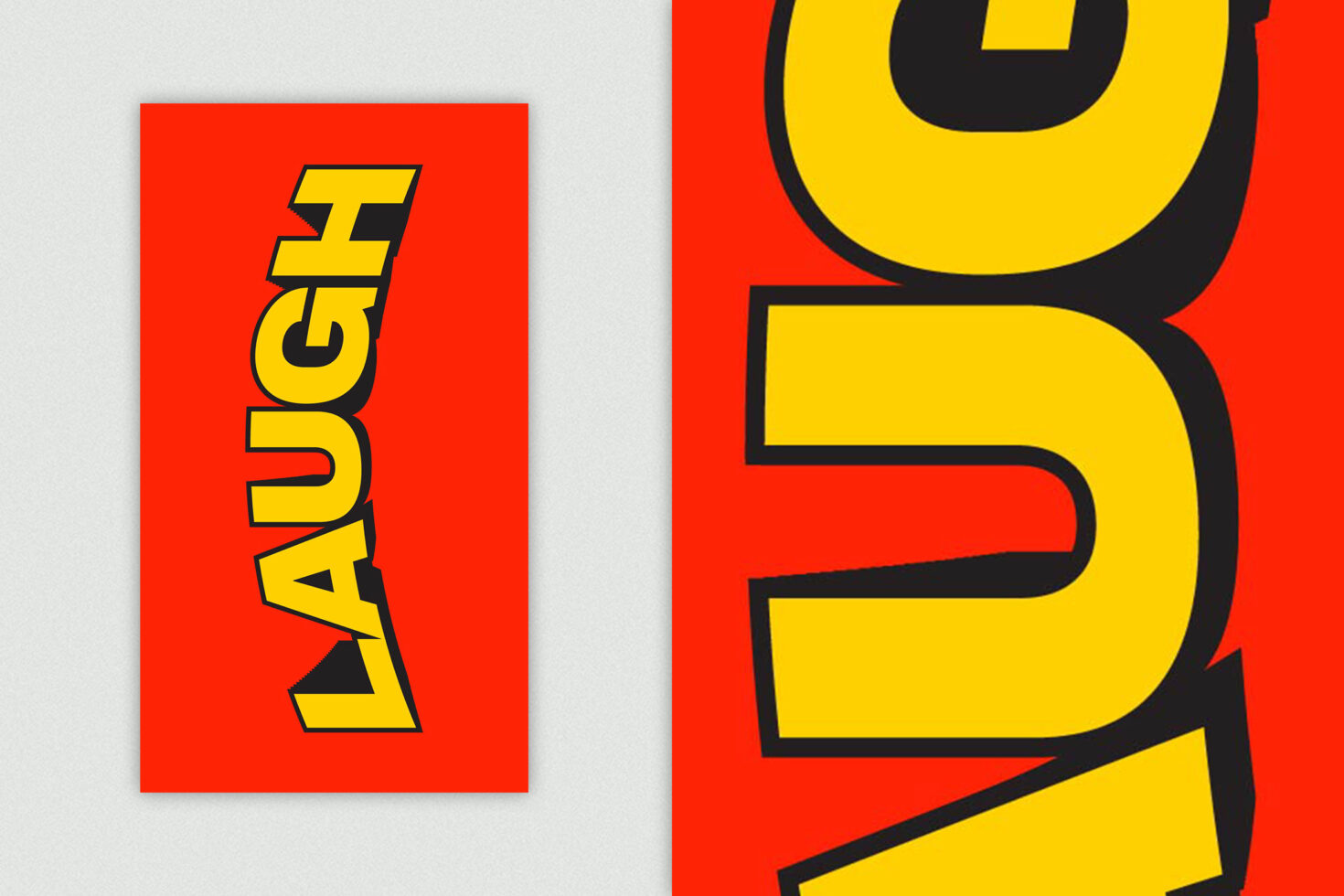 Laugh text vertical on red, large letter b on right with yellow fill