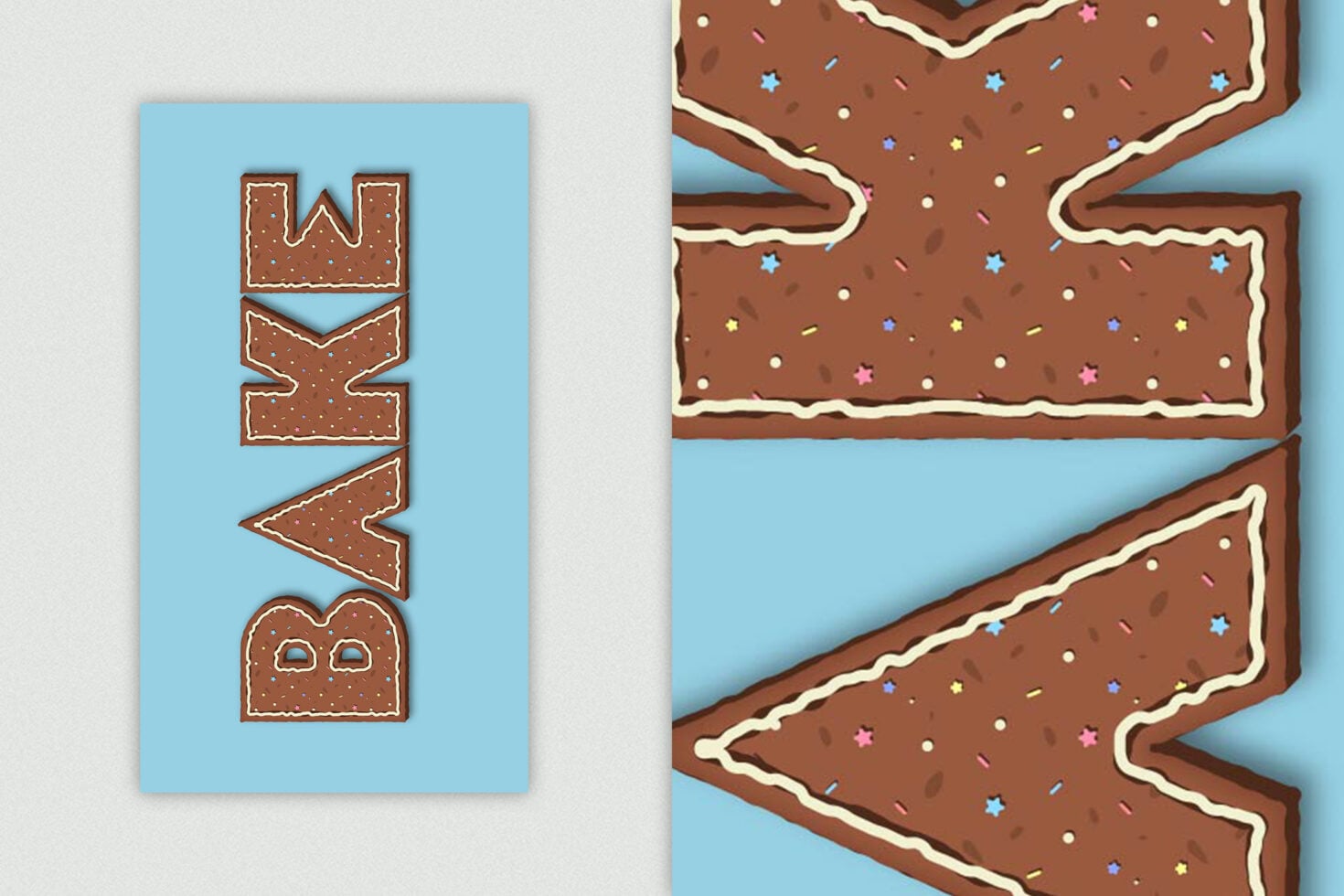 Gingerbread cookie shaped BAKE letters stacked vertically on blue background