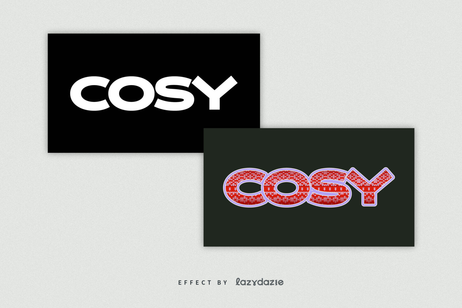 Clean white sans serif next to red knit texture text on dark green