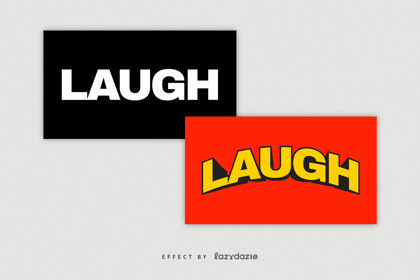 Laugh word shown plain white on black box, then bold yellow on red