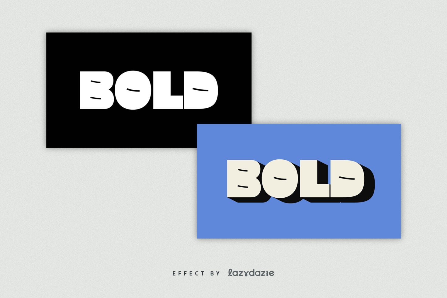 Bold text mockup shown in two color variations, black background, blue background