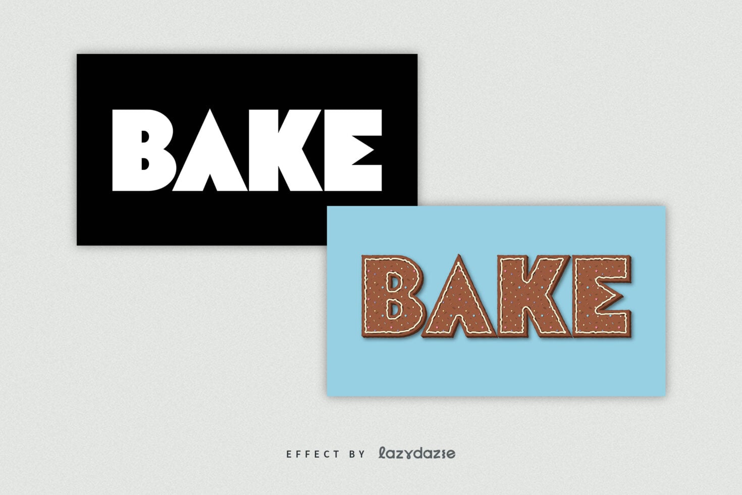 Black rectangle with white BAKE text above gingerbread styled BAKE letters on blue