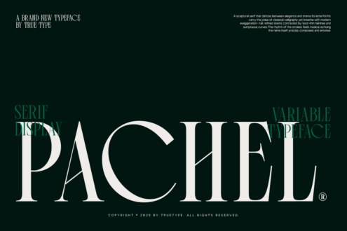 Pachel serif display typeface on dark green background with variable weight text