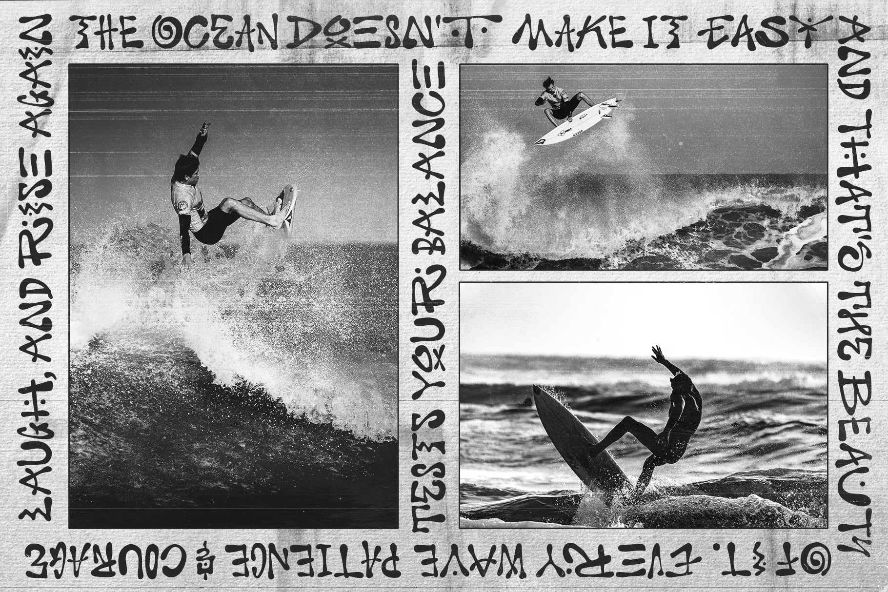 Black white surfing collage with handwritten captions celebrating ocean culture across multiple frames