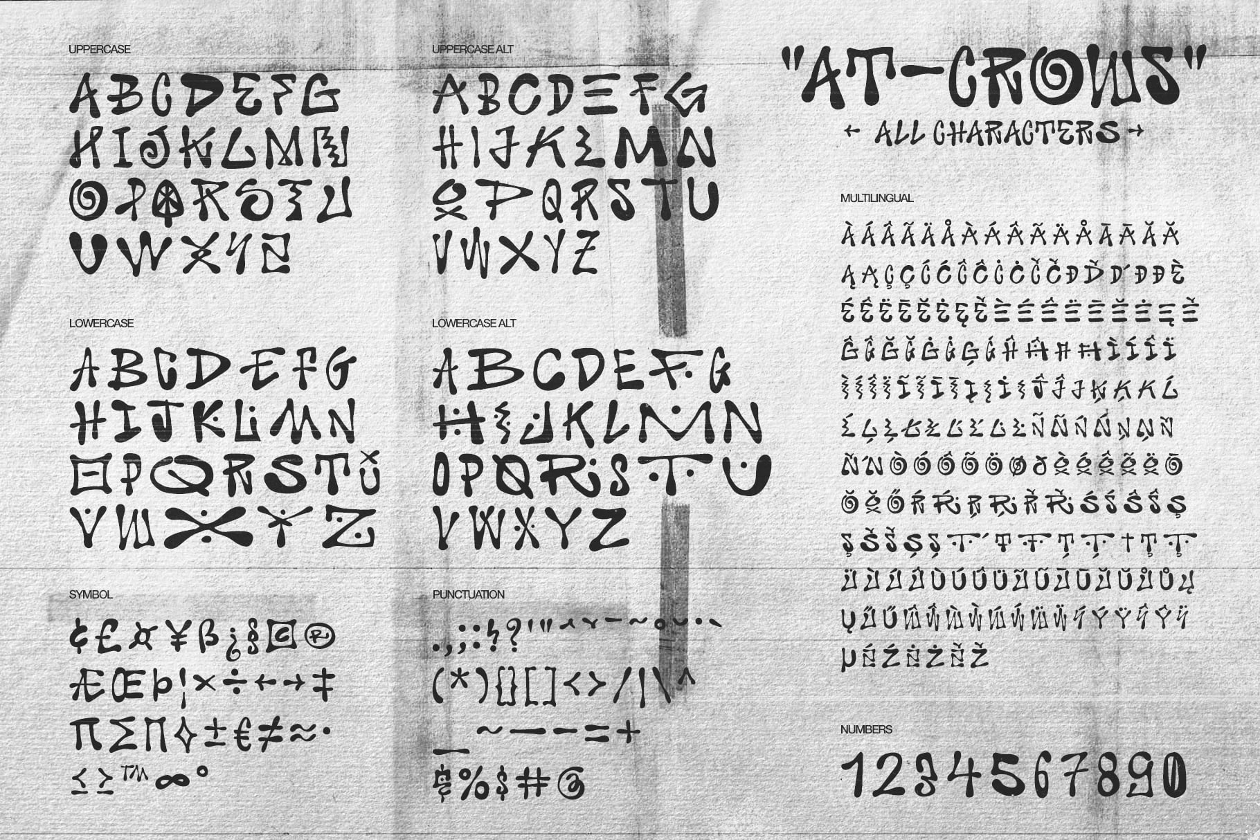 AT-CROWS font character set showing uppercase, lowercase, alt versions, symbols, multilingual glyphs