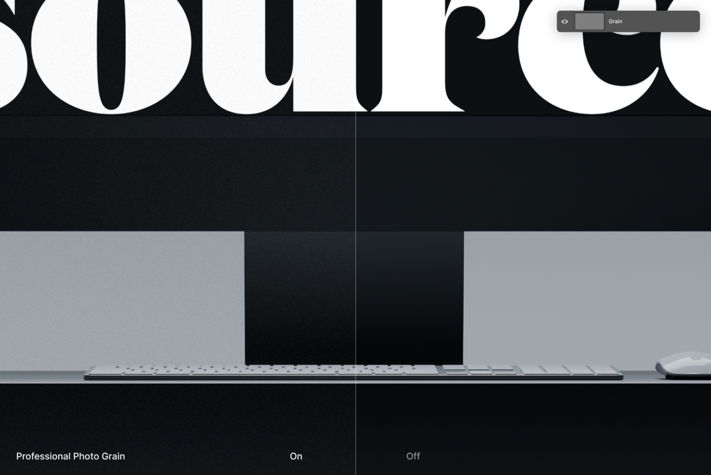 Wide monitor mockup with keyboard showing professional photo grain texture toggle