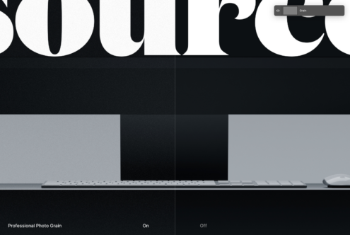 Wide monitor mockup with keyboard showing professional photo grain texture toggle