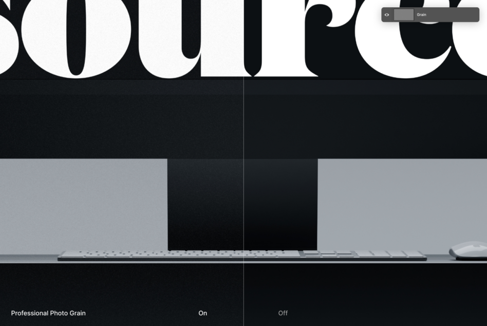 Wide monitor mockup with keyboard showing professional photo grain texture toggle