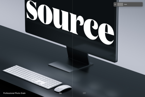 Desktop workspace mockup with angled monitor displaying source word grain