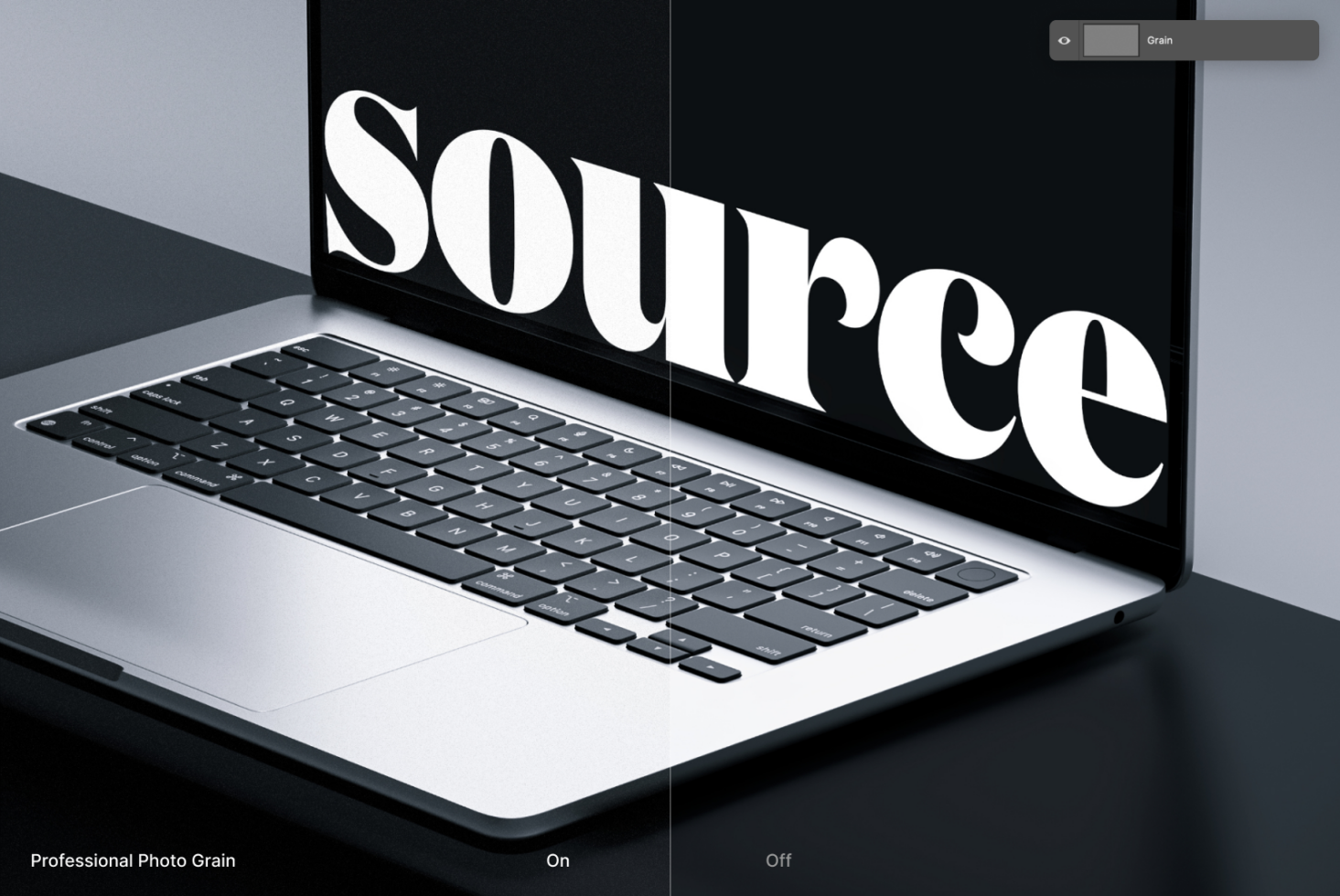 Laptop screen showing large serif letters with professional photo grain toggle