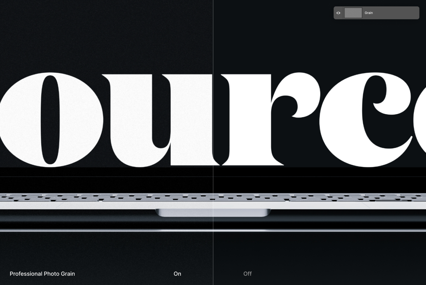 Large serif letters displayed on laptop with photo grain texture toggle visible